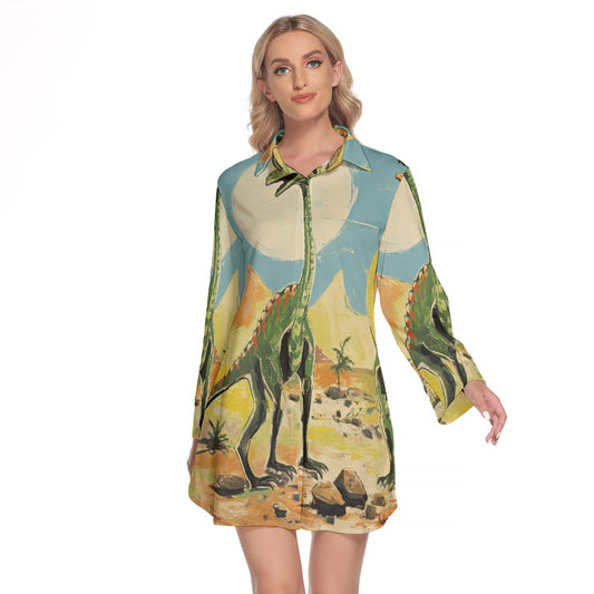 All-Over Print Women's Lapel Shirt Dress With Long Sleeve