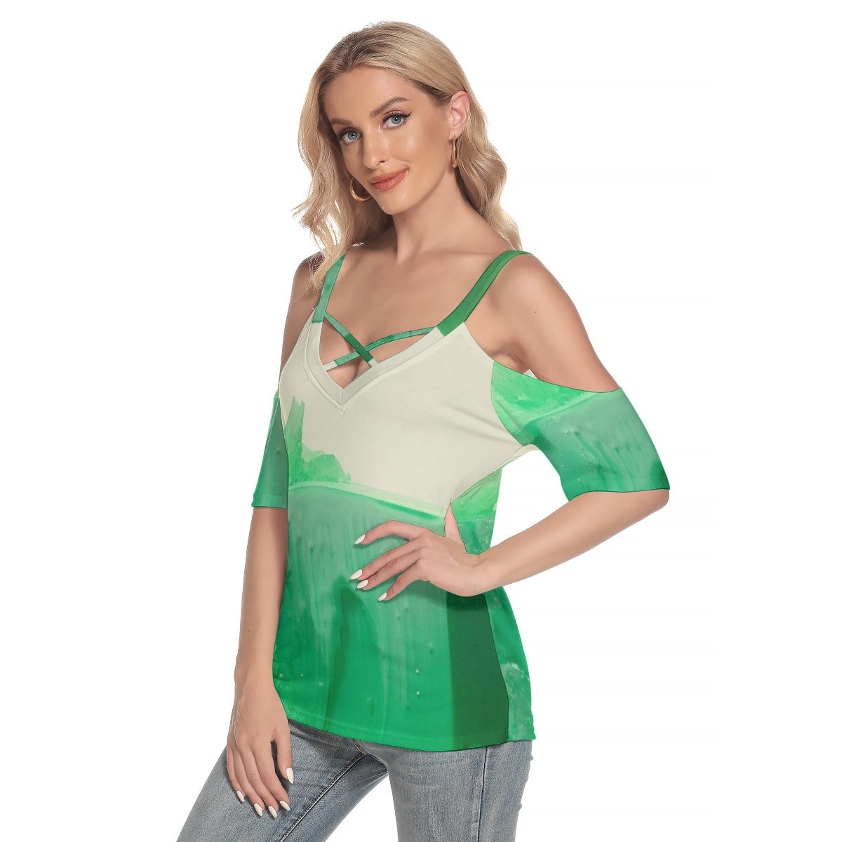 All-Over Print Women's Cold Shoulder T-shirt With Criss Cross Strips