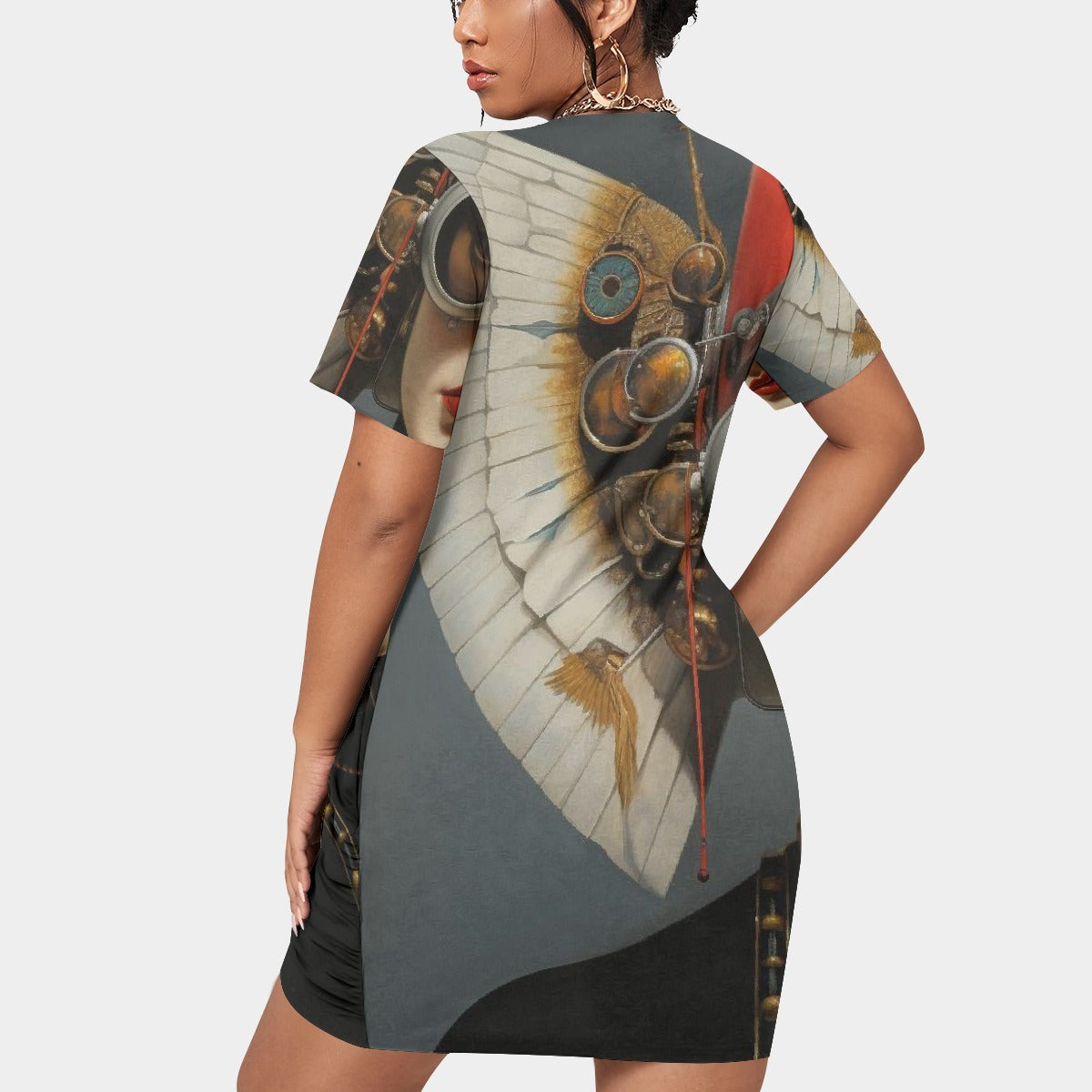 All-Over Print Women’s Stacked Hem Dress With Short Sleeve（Plus Size）