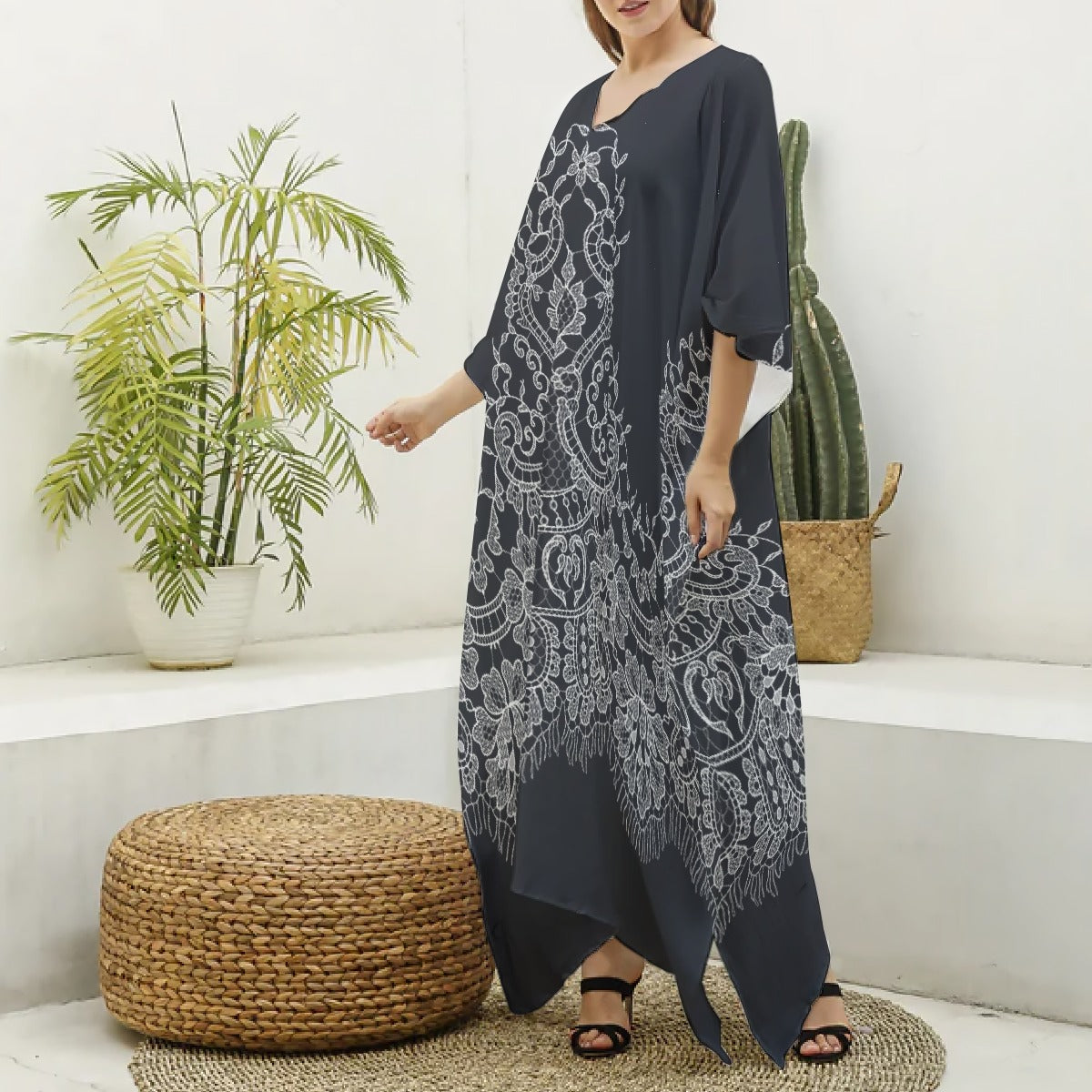 All-Over Print Women's Imitation Silk V-neck Kaftan Robe