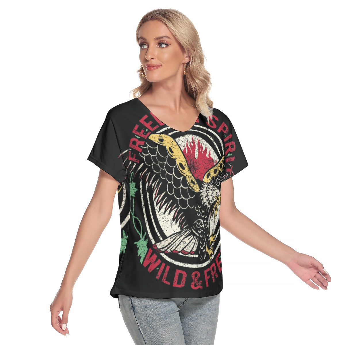 All-Over Print Women's Loose V-neck Short Sleeve T-shirt