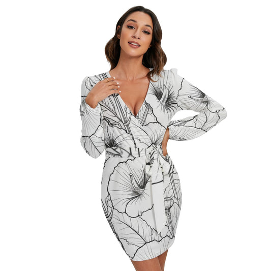 All-Over Print Women's Long Sleeve Dress With Waist Belt