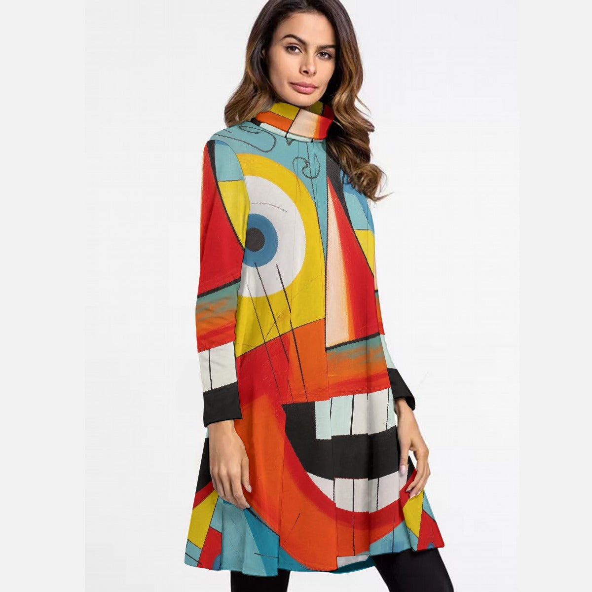 All-Over Print Women's High Neck Dress With Long Sleeve