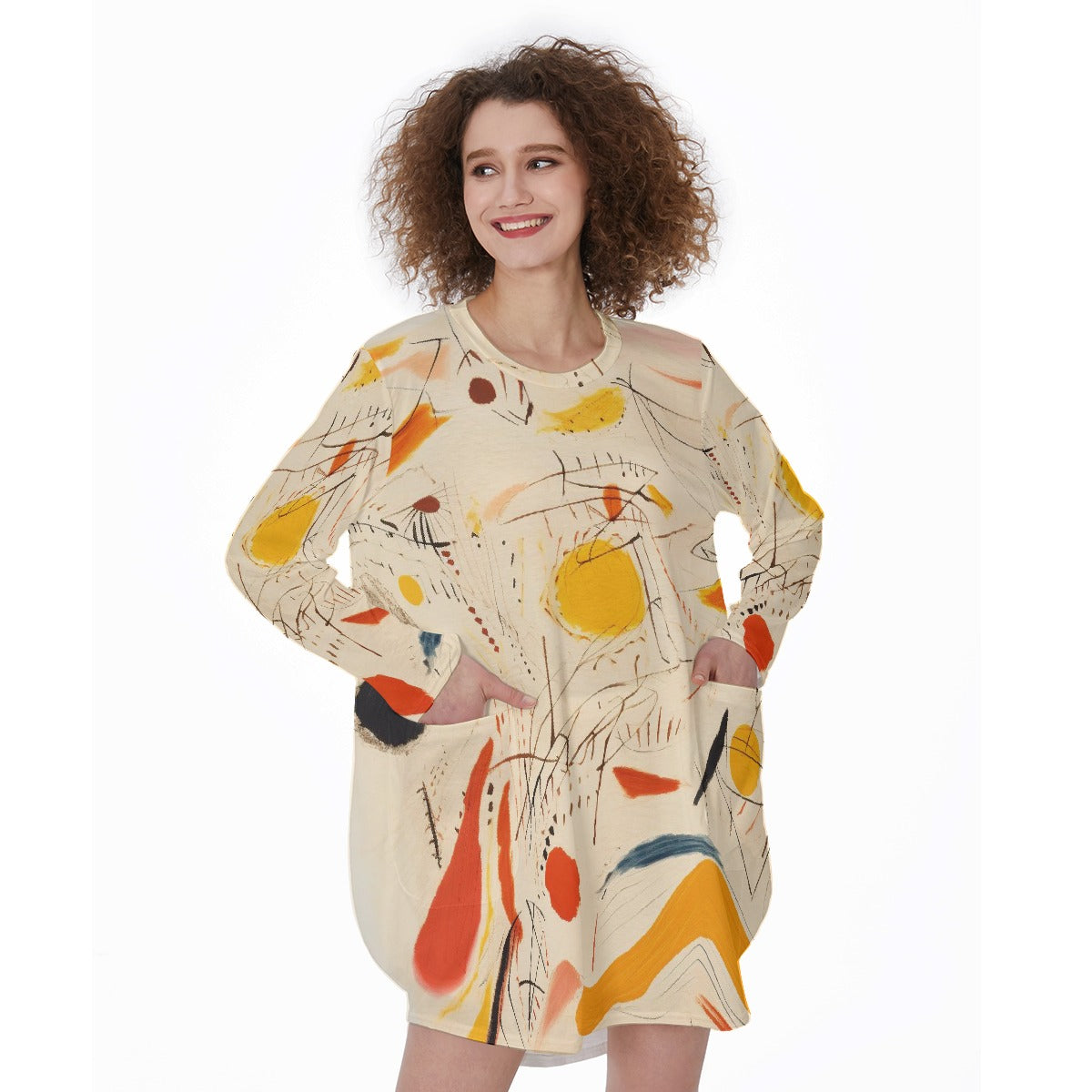 All-Over Print Women's Casual Loose Long Sleeve Dress With Pocket