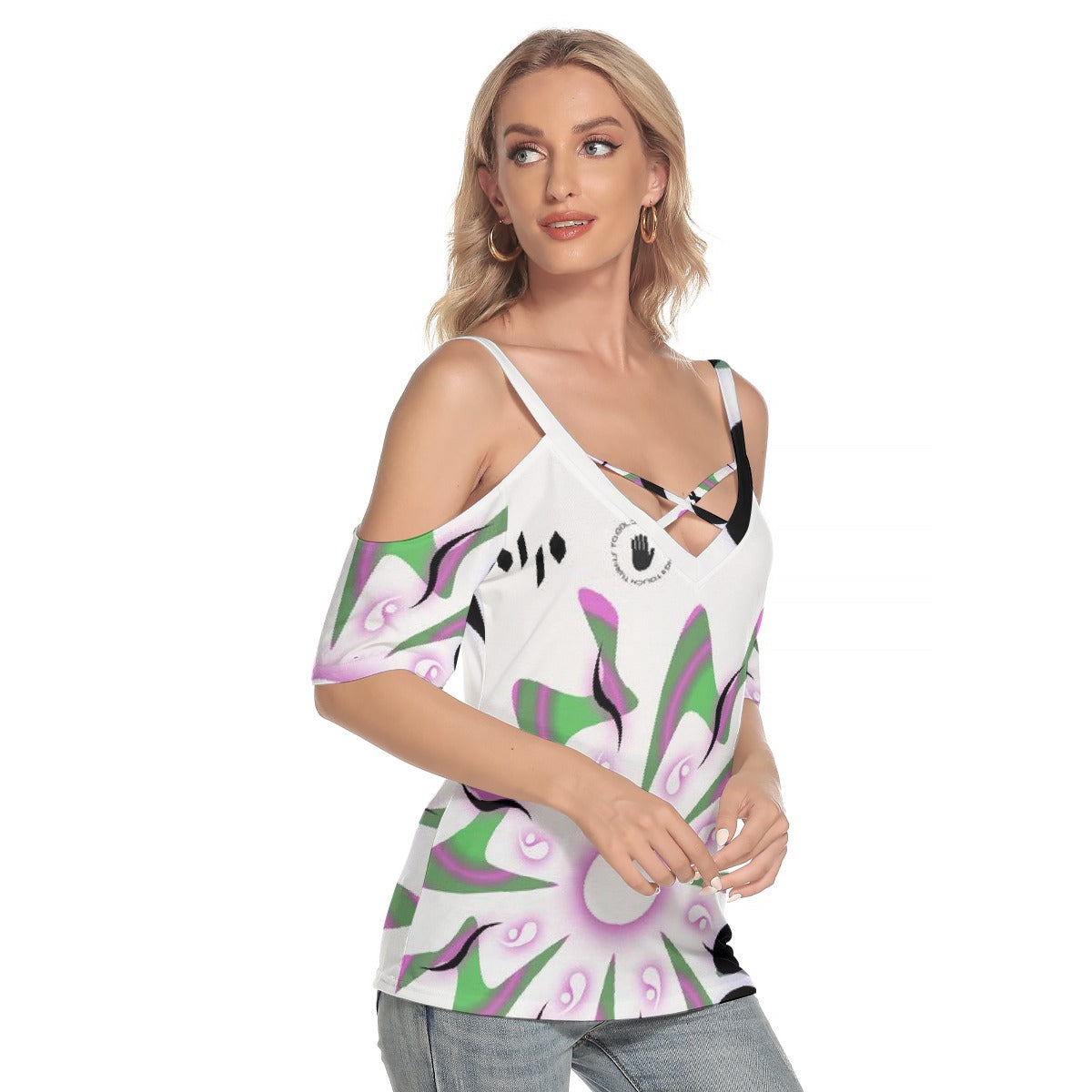 All-Over Print Women's Cold Shoulder T-shirt With Criss Cross Strips