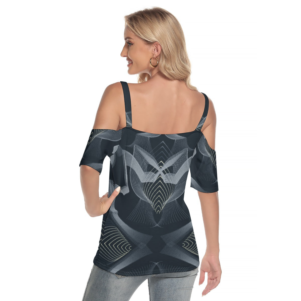 All-Over Print Women's Cold Shoulder T-shirt With Criss Cross Strips