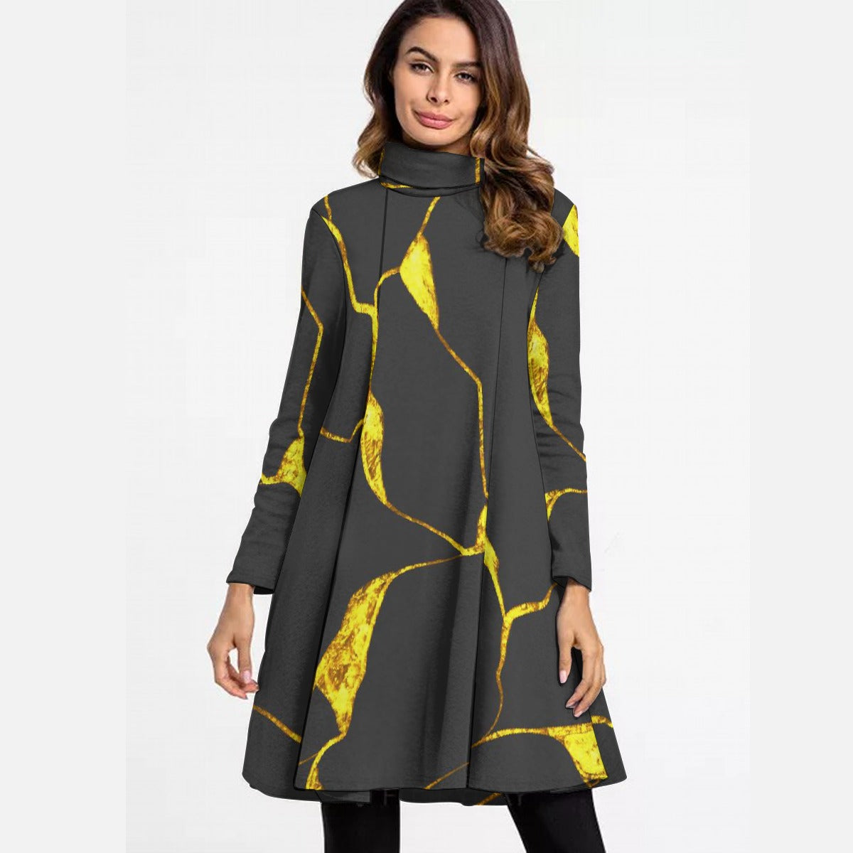 All-Over Print Women's High Neck Dress With Long Sleeve