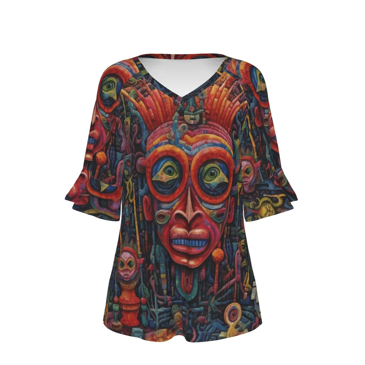 All-Over Print V-neck Women's T-shirt With Bell Sleeve