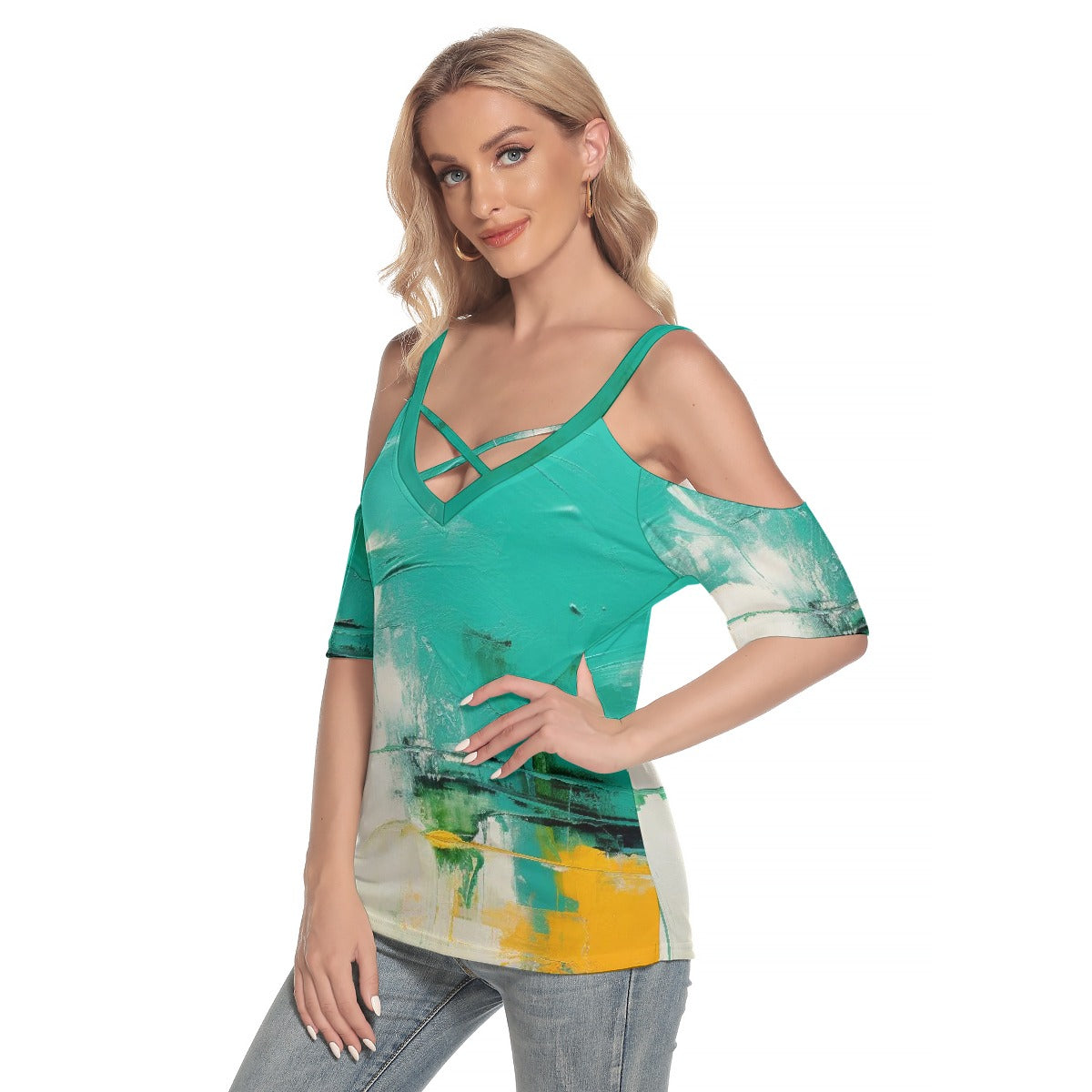 All-Over Print Women's Cold Shoulder T-shirt With Criss Cross Strips