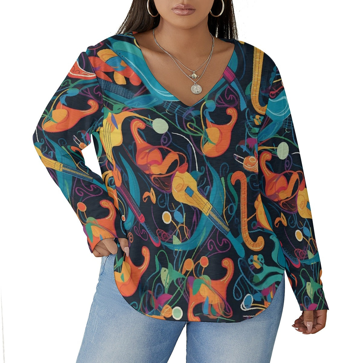 All-Over Print Women's V-neck T-shirt With Curved Hem(Plus Size)