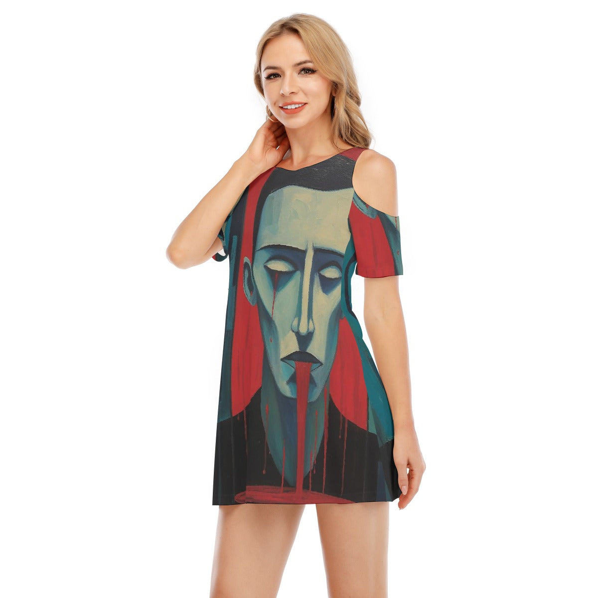 All-Over Print Women's Cold Shoulder Dress | 190GSM Cotton