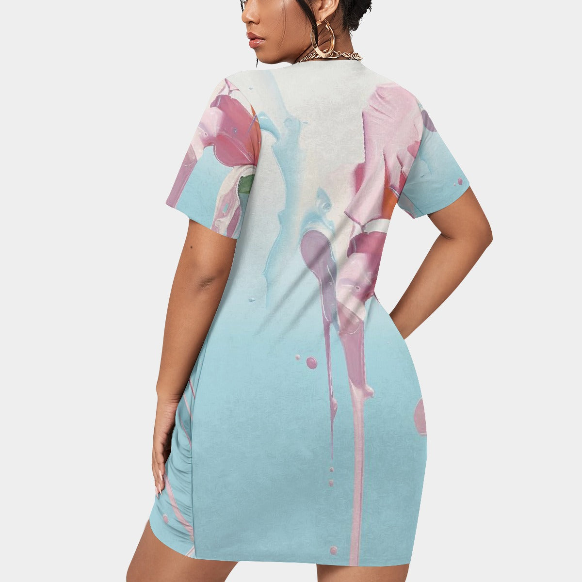 All-Over Print Women’s Stacked Hem Dress With Short Sleeve（Plus Size）