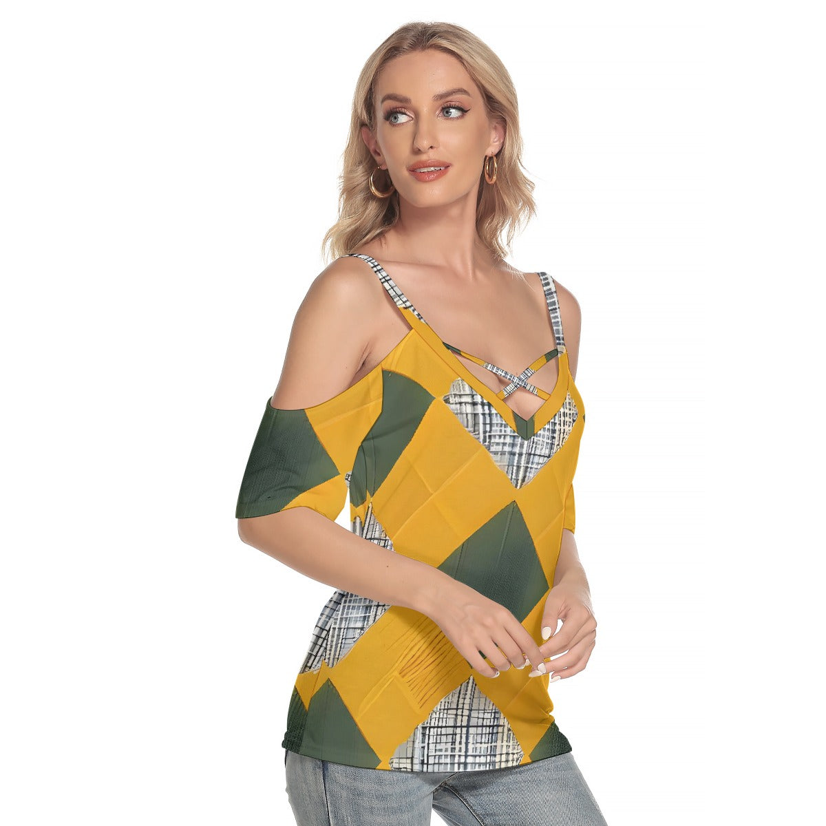 All-Over Print Women's Cold Shoulder T-shirt With Criss Cross Strips