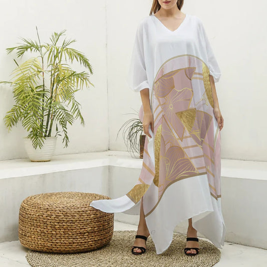 All-Over Print Women's Imitation Silk V-neck Kaftan Robe