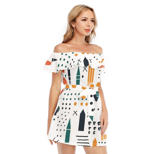 All-Over Print Women's Off-shoulder Dress With Ruffle