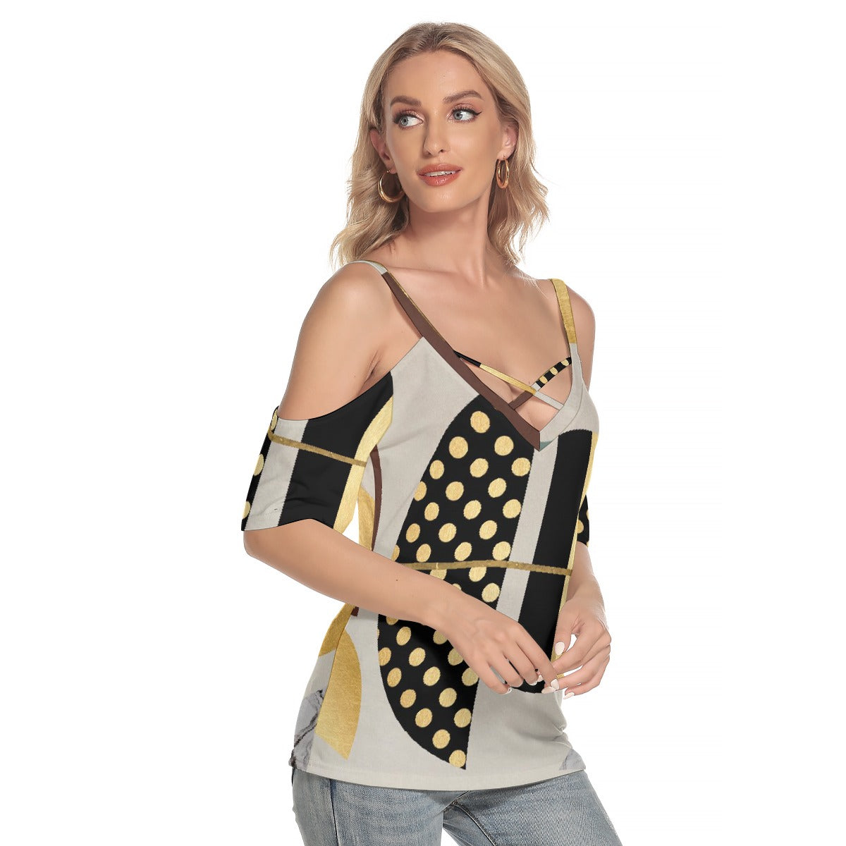 All-Over Print Women's Cold Shoulder T-shirt With Criss Cross Strips