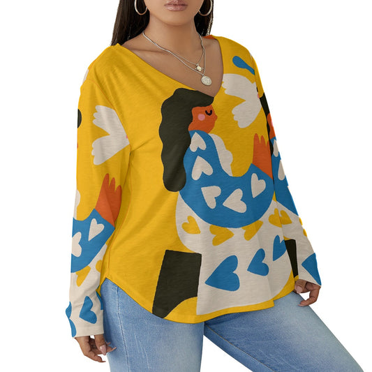 All-Over Print Women's V-neck T-shirt With Curved Hem(Plus Size)