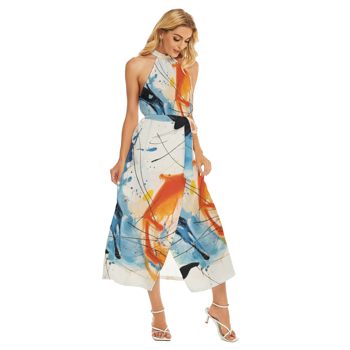 All-Over Print Women's Wrap Hem Belted Halter Dress