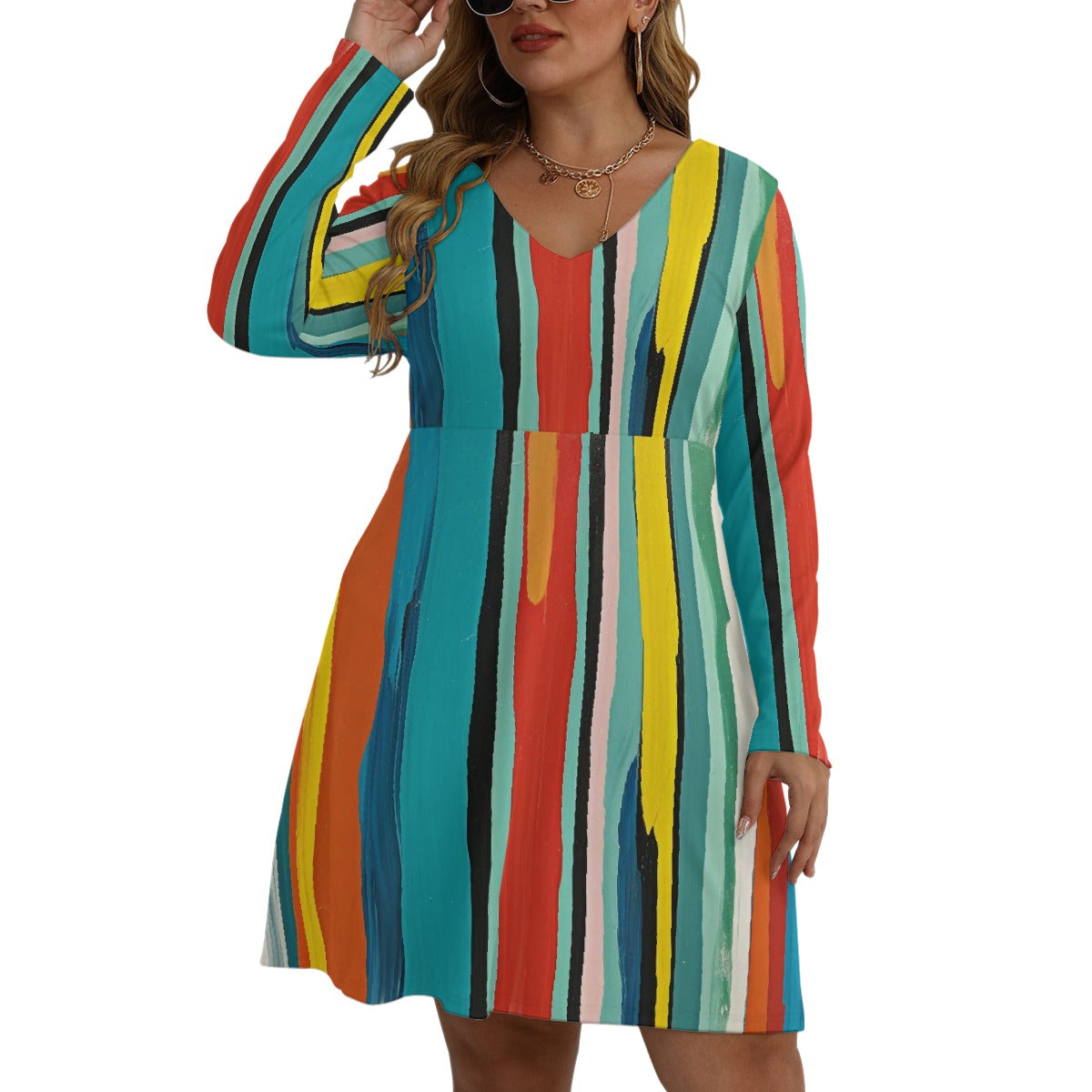 All-Over Print Women's V-neck Long Sleeve Dress(Plus Size)