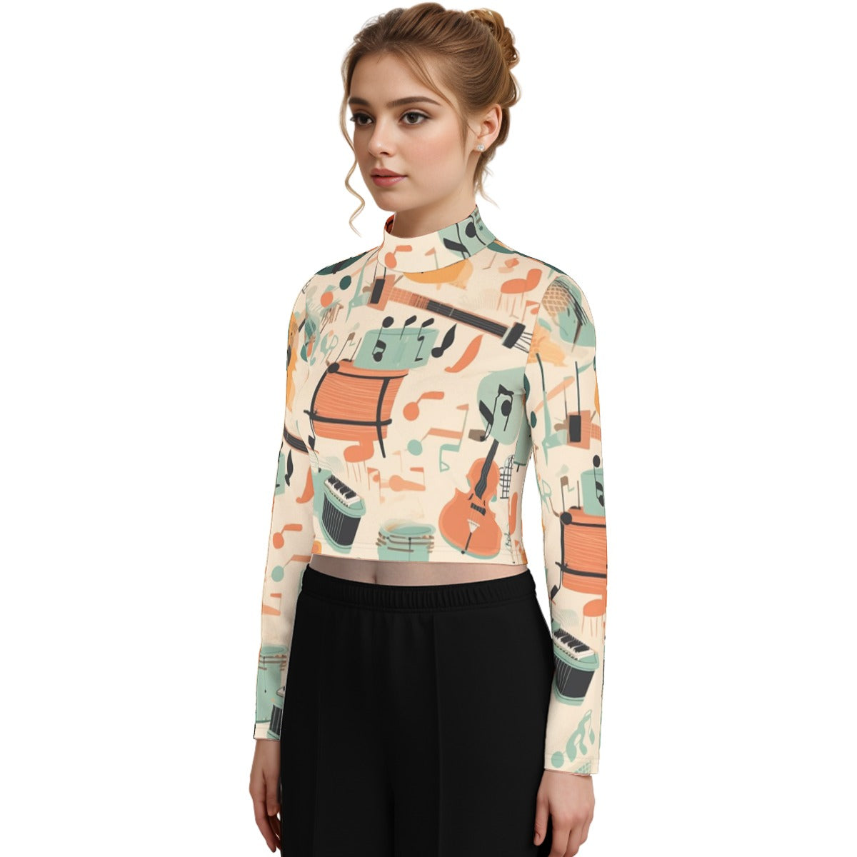 Eco-Friendly All-Over Print Women's Turtleneck T-shirt With Long Sleeve