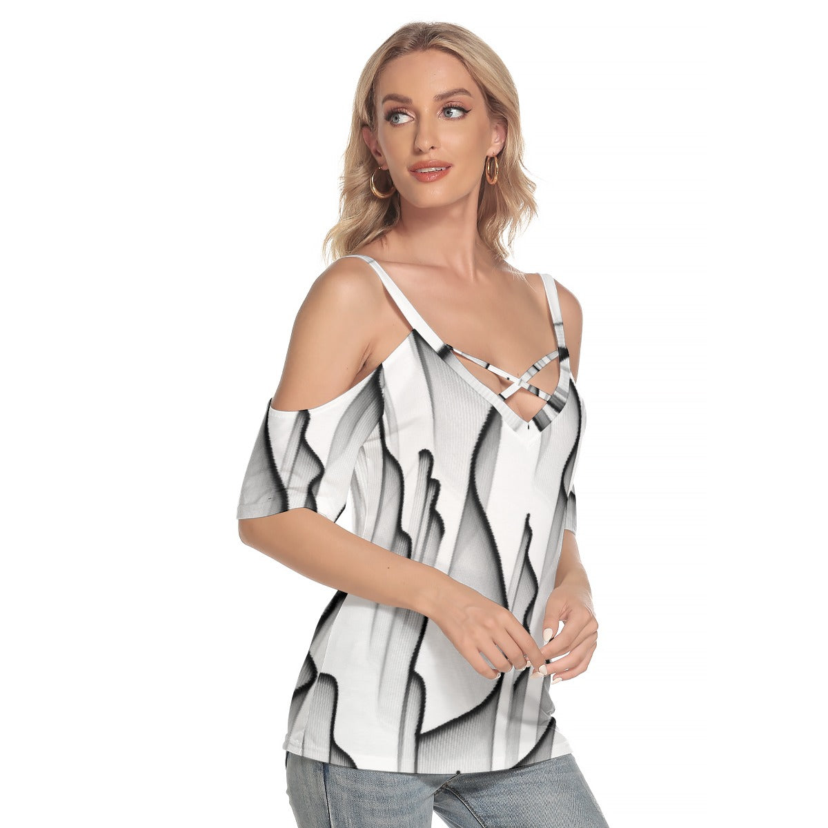 All-Over Print Women's Cold Shoulder T-shirt With Criss Cross Strips