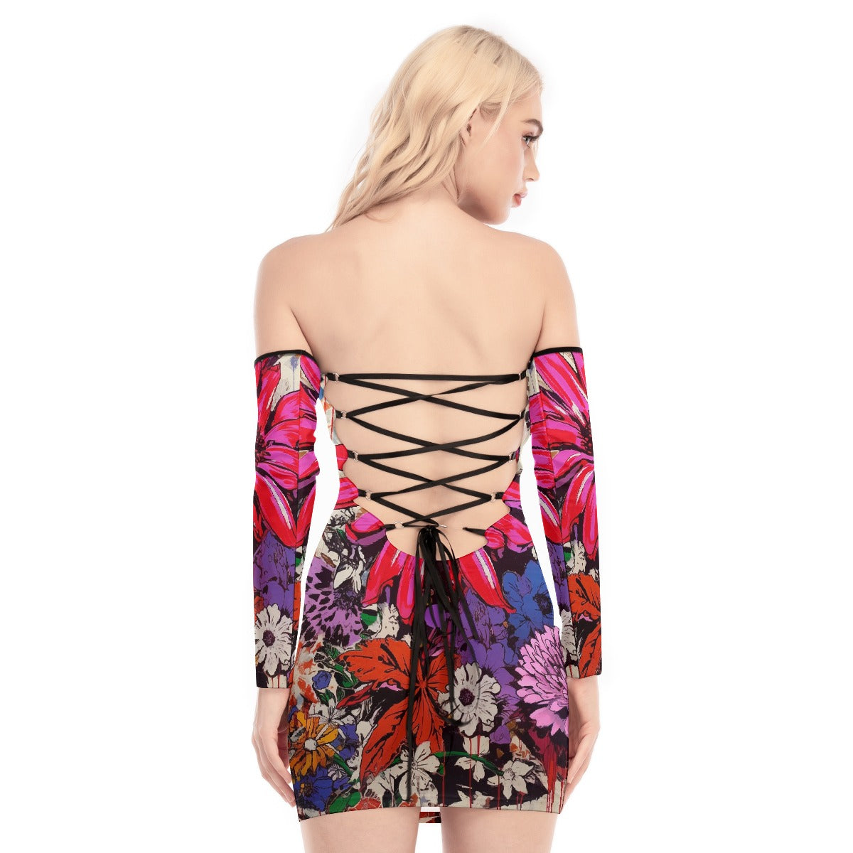 All-Over Print Women's Off-shoulder Back Lace-up Dress