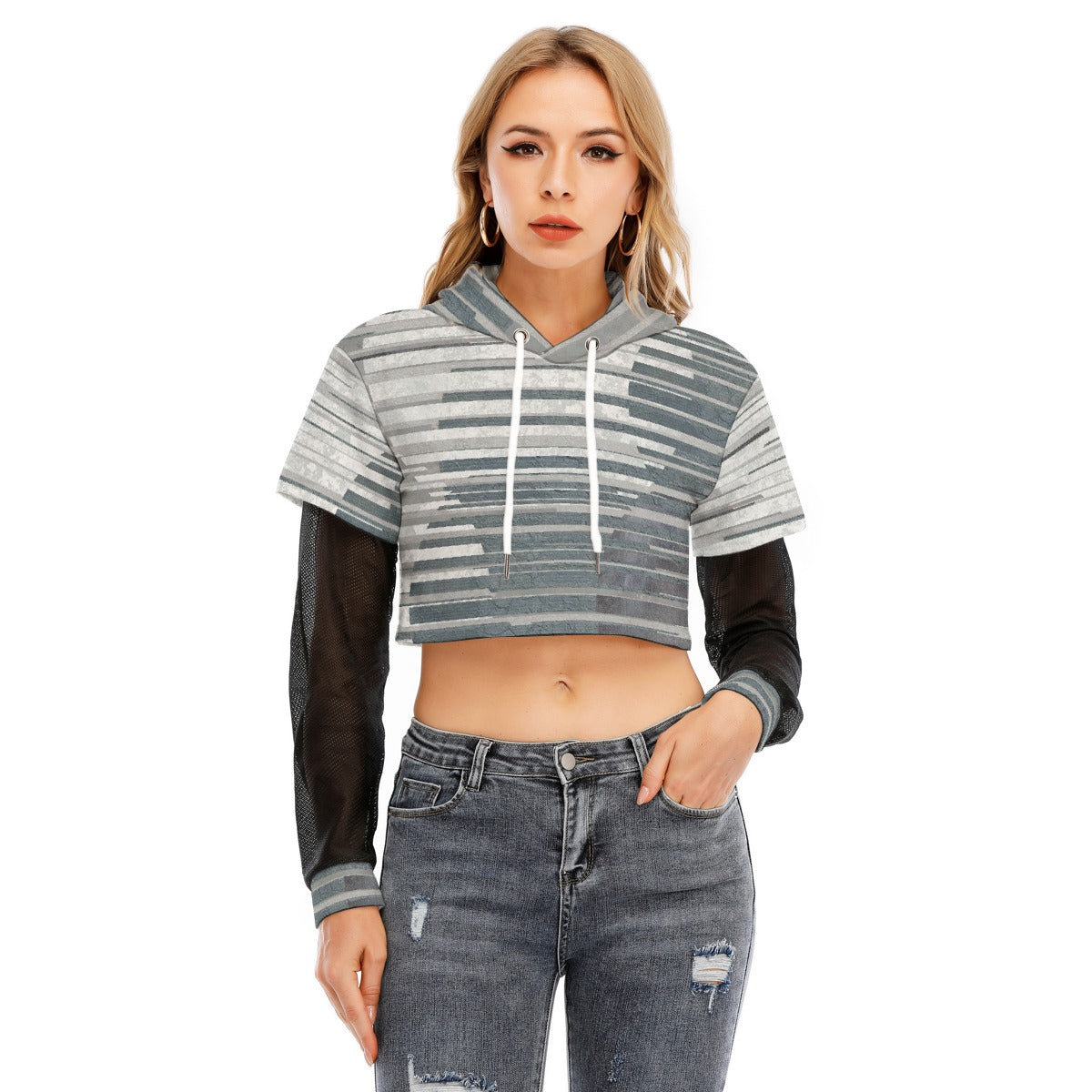 All-Over Print Women's Fake Two-piece Mesh Sleeve Cropped Hoodie