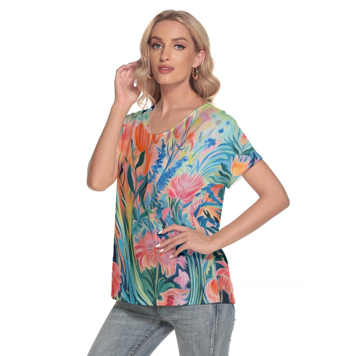 All-Over Print Women's Loose V-neck Short Sleeve T-shirt