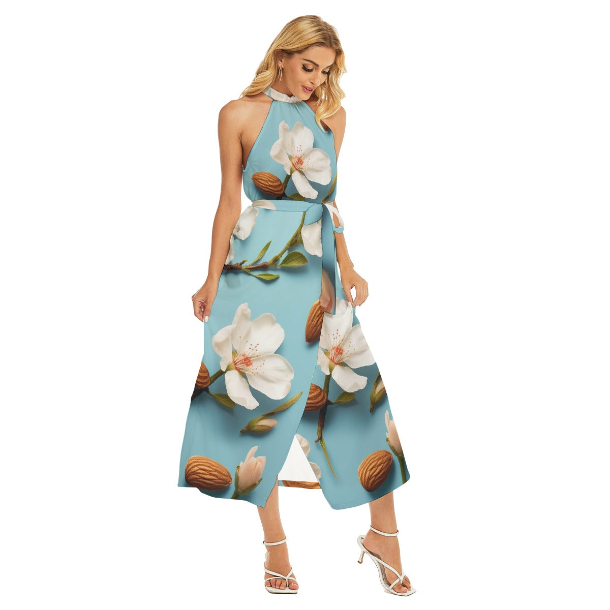 All-Over Print Women's Wrap Hem Belted Halter Dress