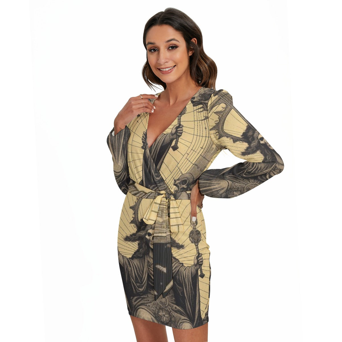 All-Over Print Women's Long Sleeve Dress With Waist Belt