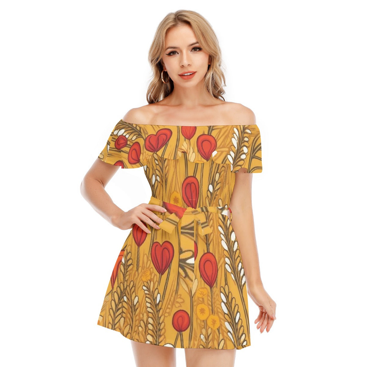 All-Over Print Women's Off-shoulder Dress With Ruffle