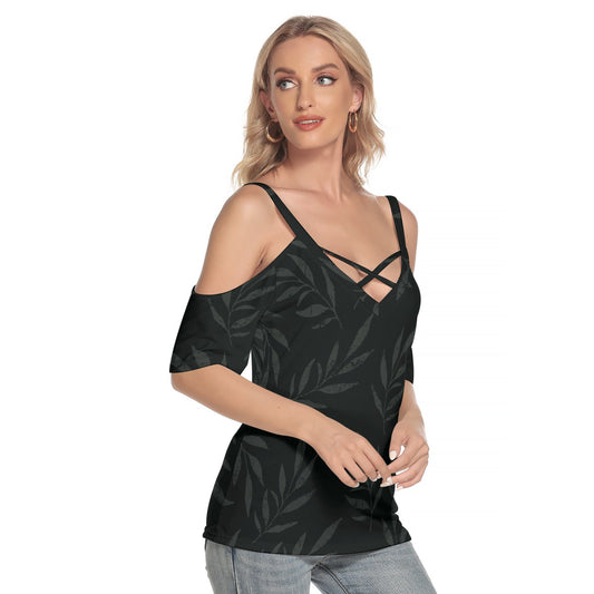 All-Over Print Women's Cold Shoulder T-shirt With Criss Cross Strips