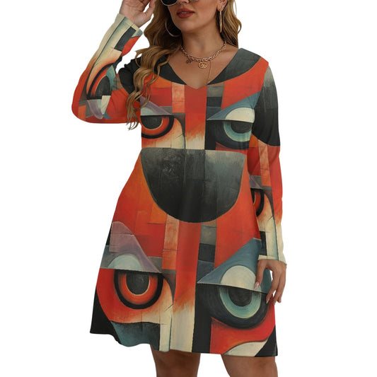 All-Over Print Women's V-neck Long Sleeve Dress(Plus Size)