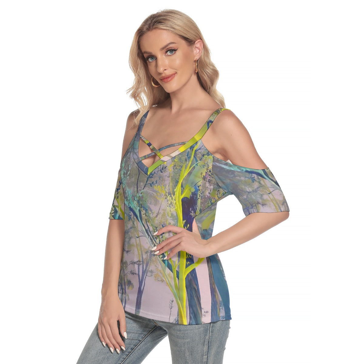 All-Over Print Women's Cold Shoulder T-shirt With Criss Cross Strips