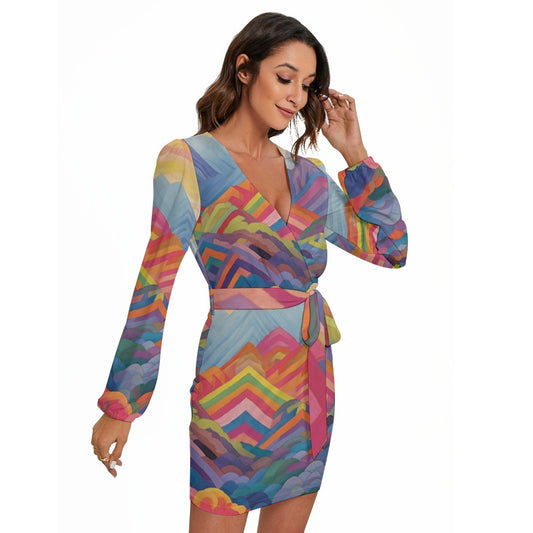 All-Over Print Women's Long Sleeve Dress With Waist Belt