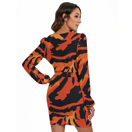 All-Over Print Women's Long Sleeve Dress With Waist Belt