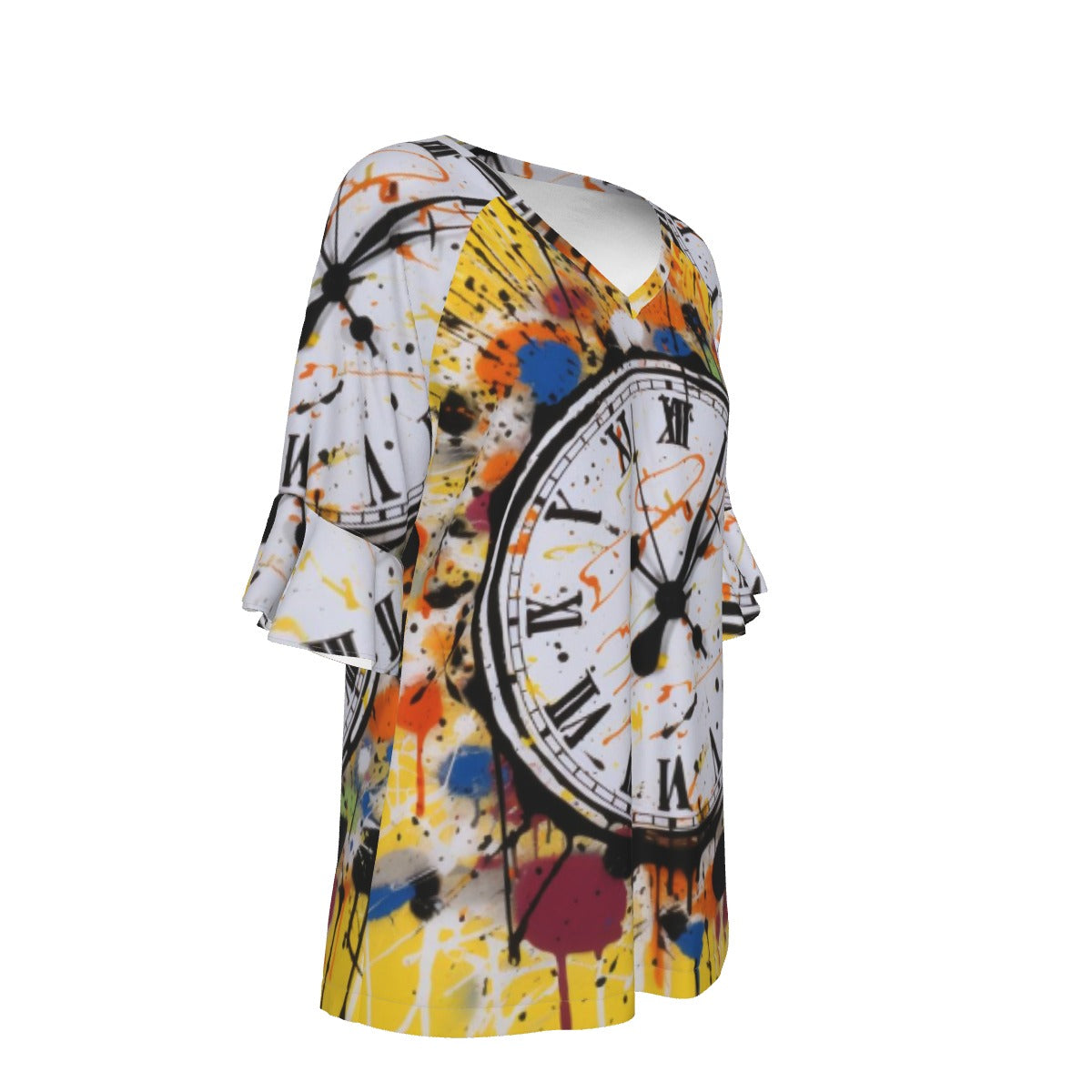 All-Over Print V-neck Women's T-shirt With Bell Sleeve