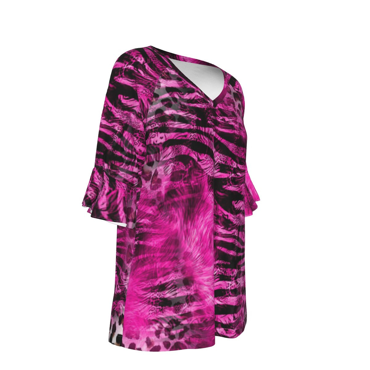 All-Over Print V-neck Women's T-shirt With Bell Sleeve