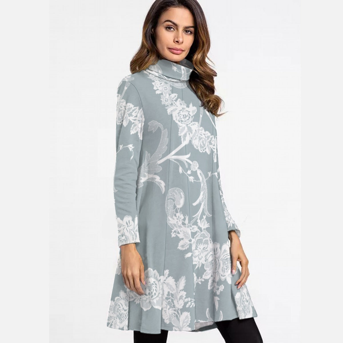 All-Over Print Women's High Neck Dress With Long Sleeve