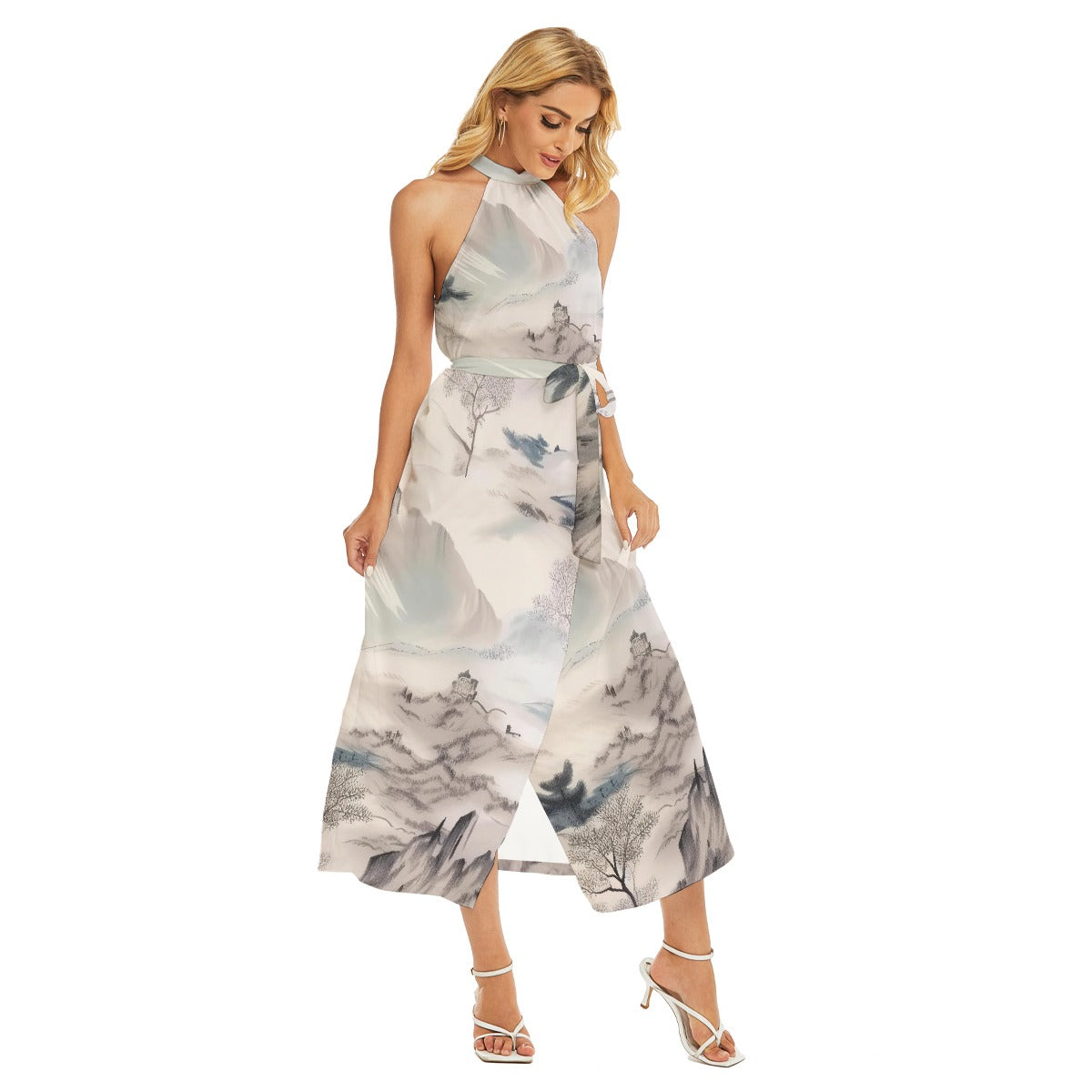 All-Over Print Women's Wrap Hem Belted Halter Dress