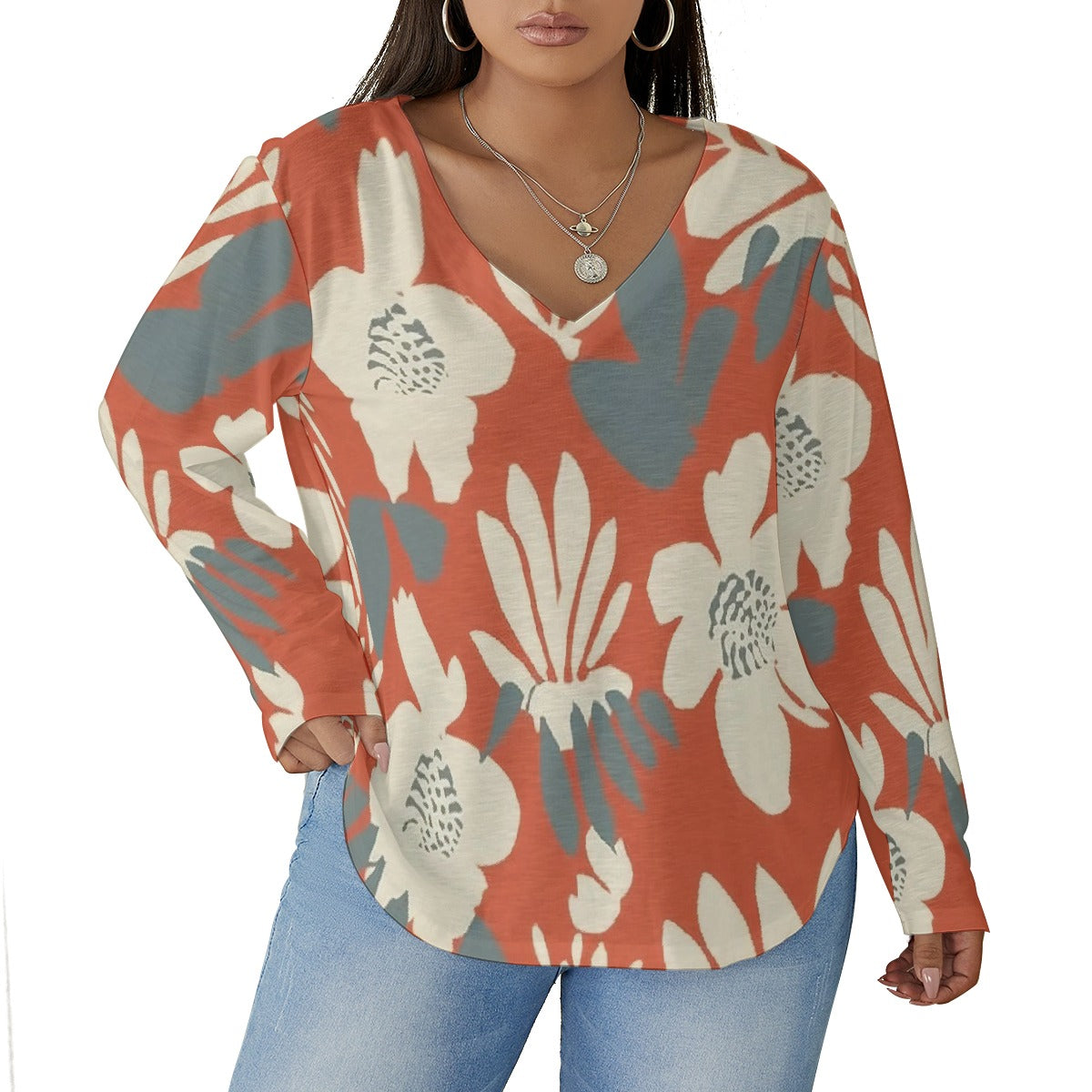 All-Over Print Women's V-neck T-shirt With Curved Hem(Plus Size)