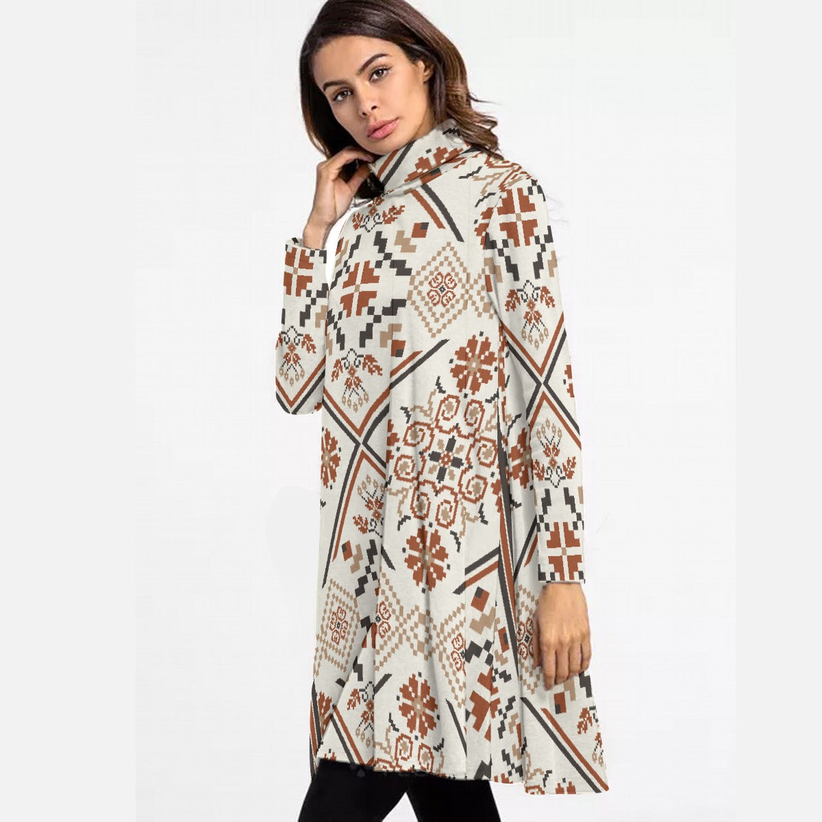 All-Over Print Women's High Neck Dress With Long Sleeve