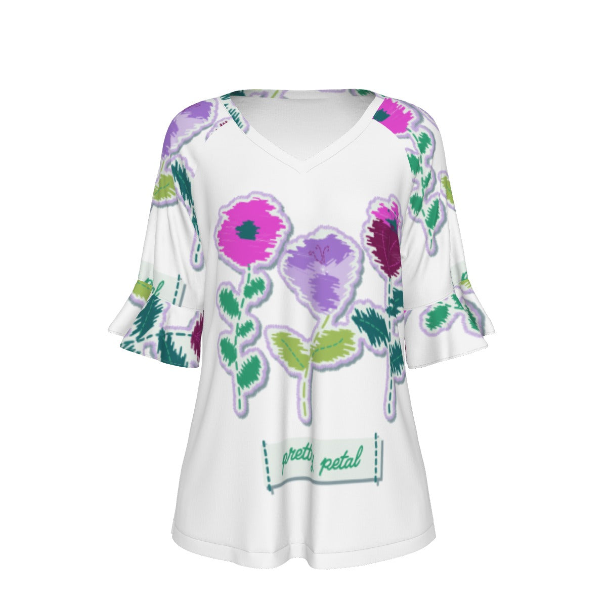 All-Over Print V-neck Women's T-shirt With Bell Sleeve