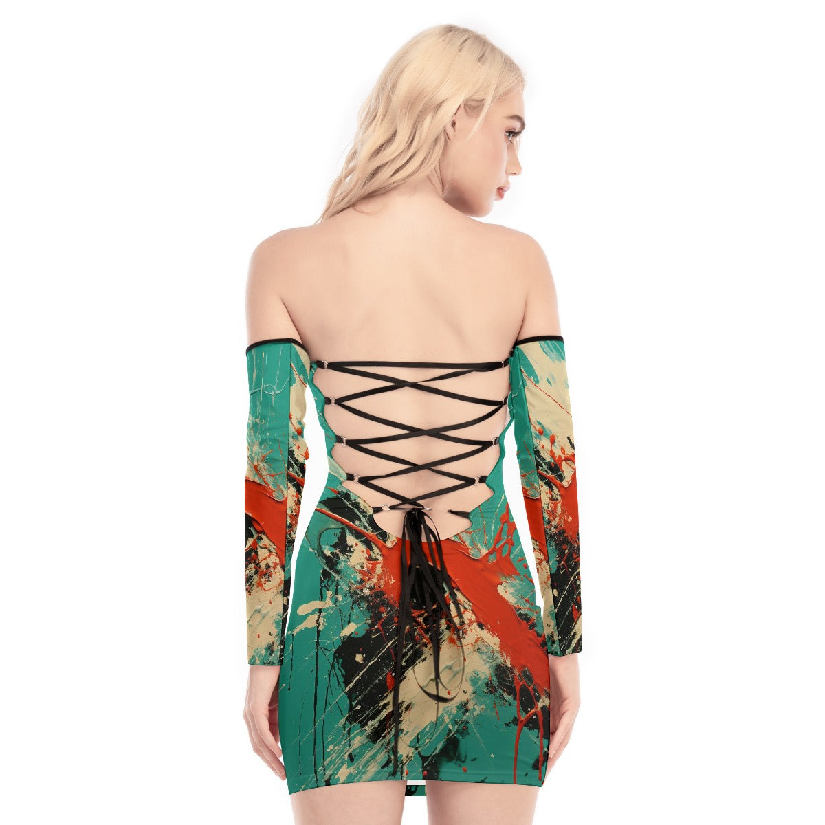 All-Over Print Women's Off-shoulder Back Lace-up Dress