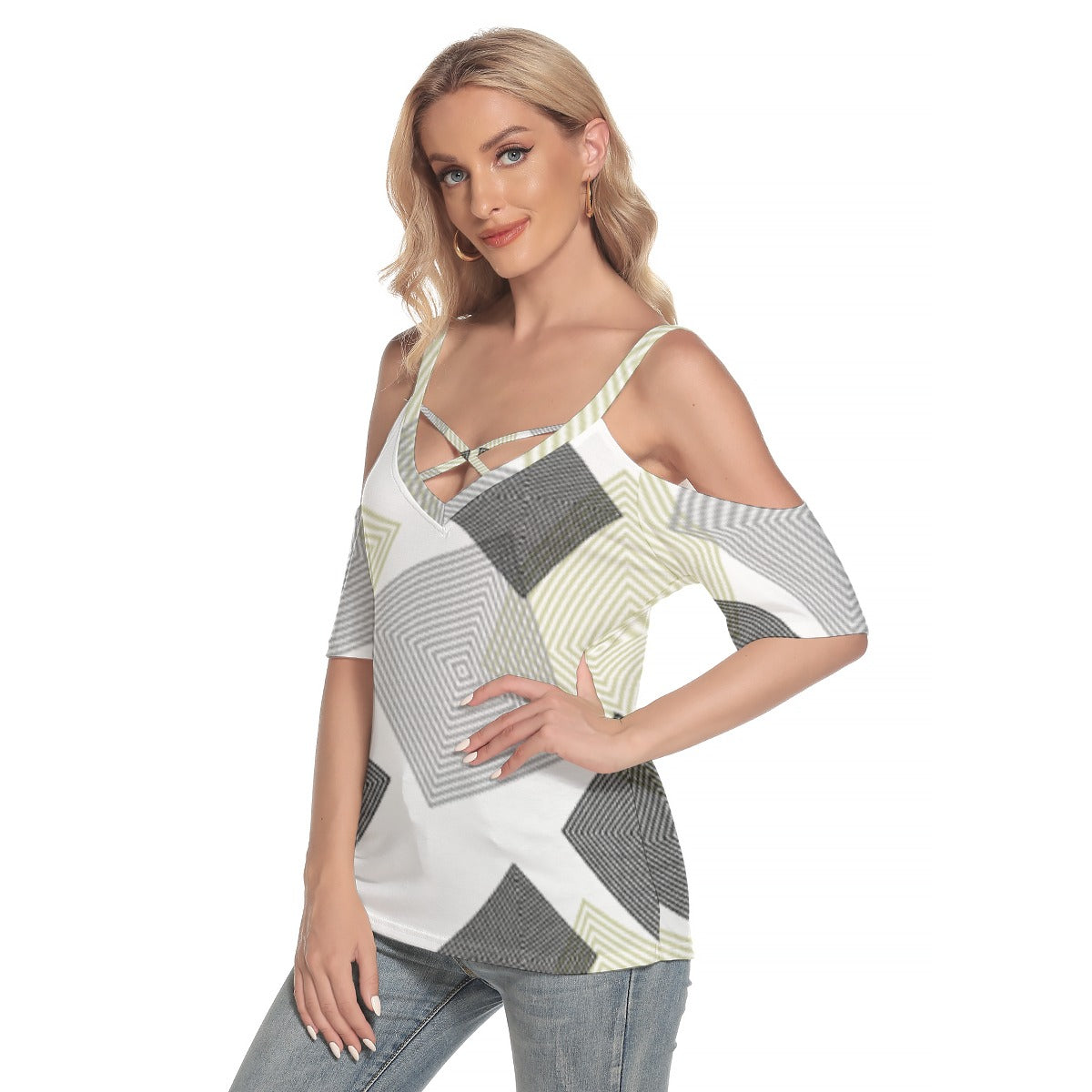 All-Over Print Women's Cold Shoulder T-shirt With Criss Cross Strips