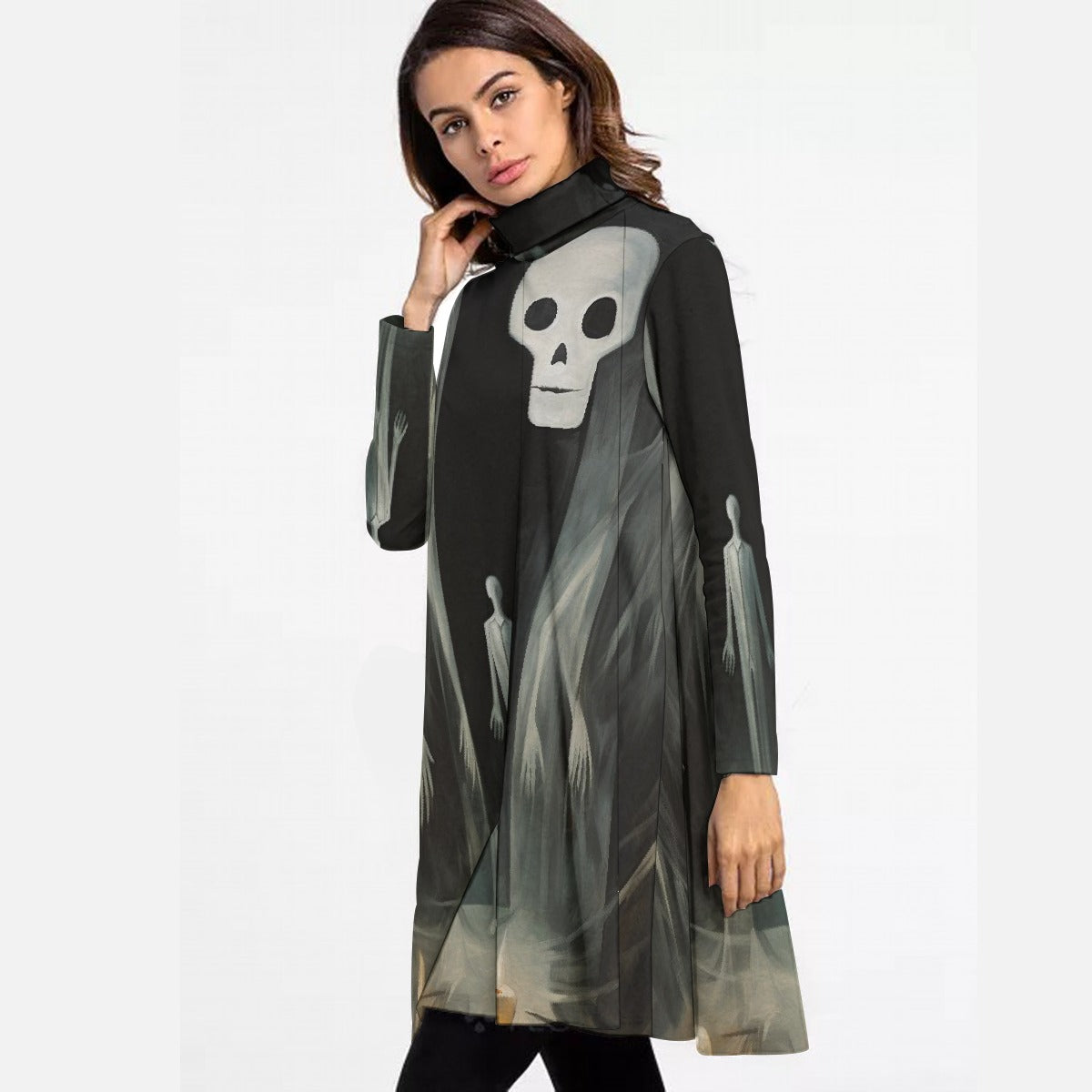 All-Over Print Women's High Neck Dress With Long Sleeve