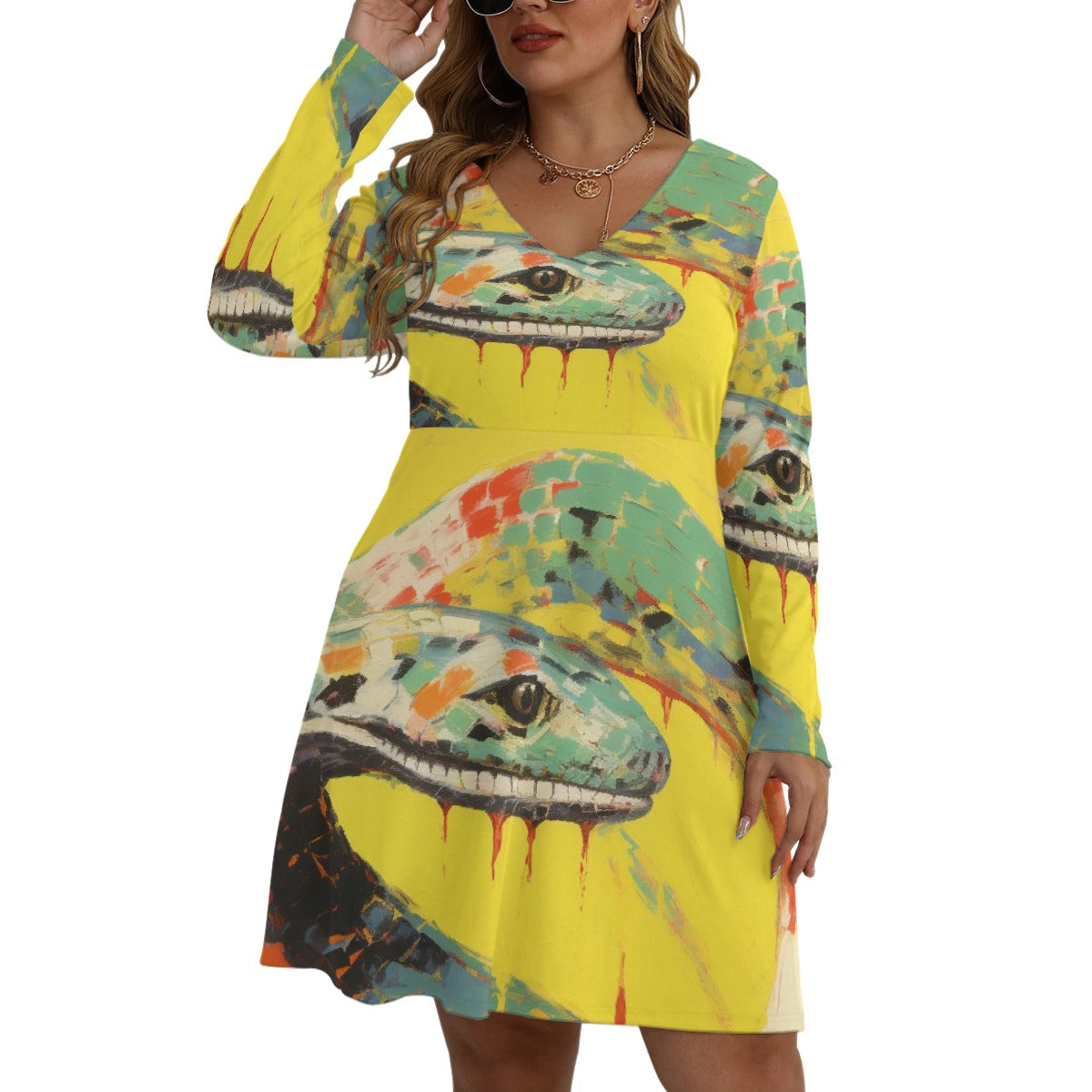 All-Over Print Women's V-neck Long Sleeve Dress(Plus Size)