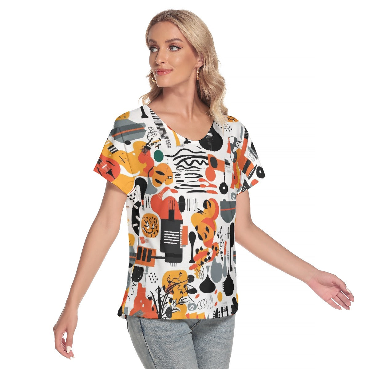 All-Over Print Women's Loose V-neck Short Sleeve T-shirt