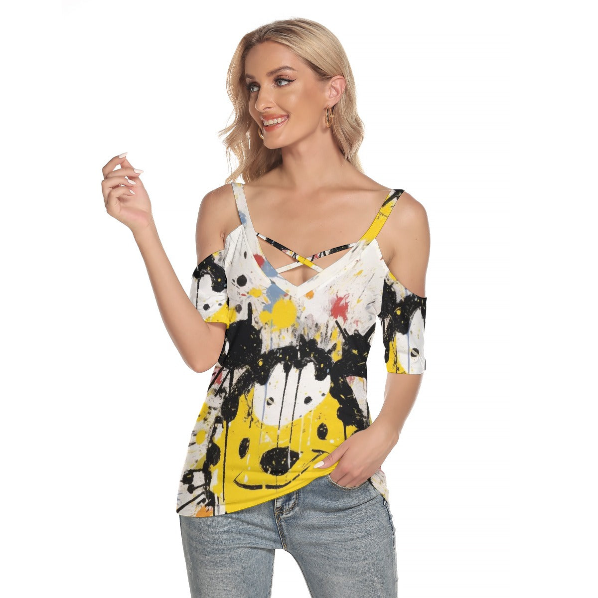 All-Over Print Women's Cold Shoulder T-shirt With Criss Cross Strips