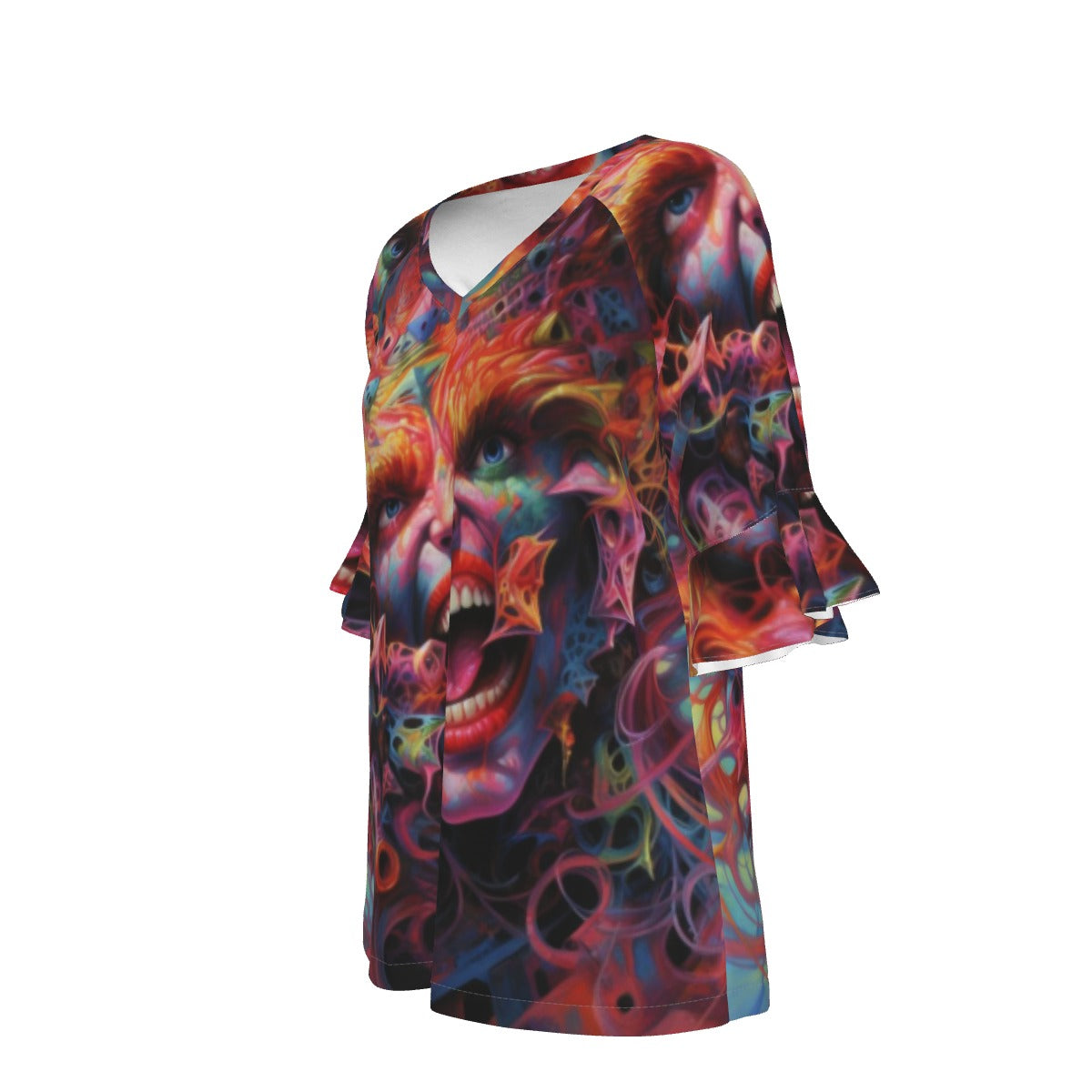 All-Over Print V-neck Women's T-shirt With Bell Sleeve